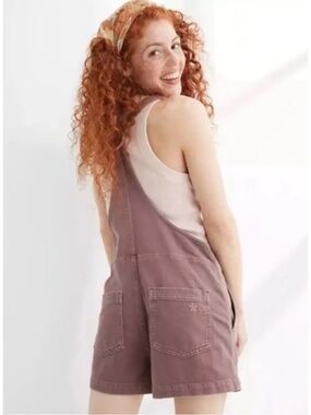 Aerie Werk & Play Denim Shortalls Mauve Embroidered